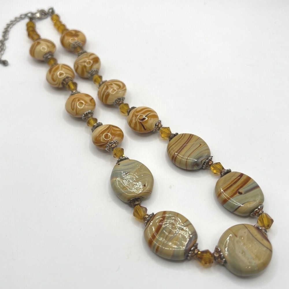 Brown Glass Beaded Necklace Gold Orange Swirls Stripes Choker‎